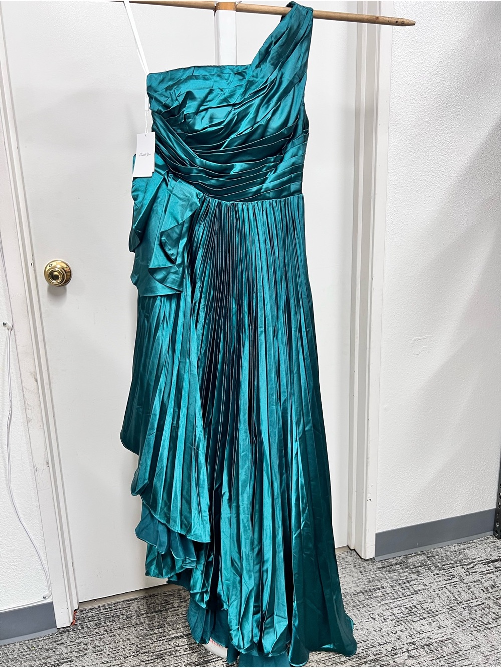 One-Shoulder Teal Satin Pleated Evening Gown